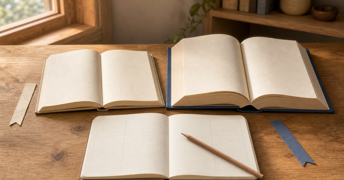開いた二冊の本と読書ノートを木の机に並べた様子